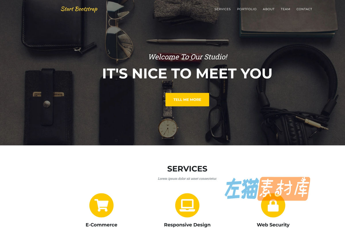 Agency Bootstrap 5 创意机构单页首页,展示服务区、首屏导航与作品展示入口
