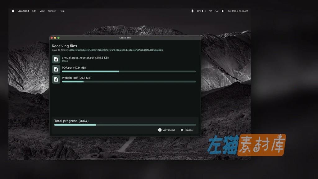 LocalSend macOS 文件接收进度界面