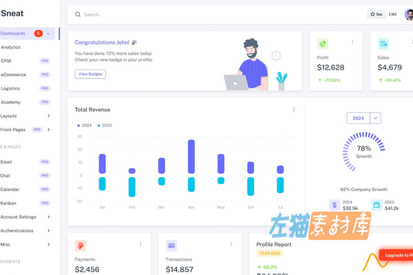 管理后台模板：HTML 与 Vue 3 双版本前端界面 – Sneat
