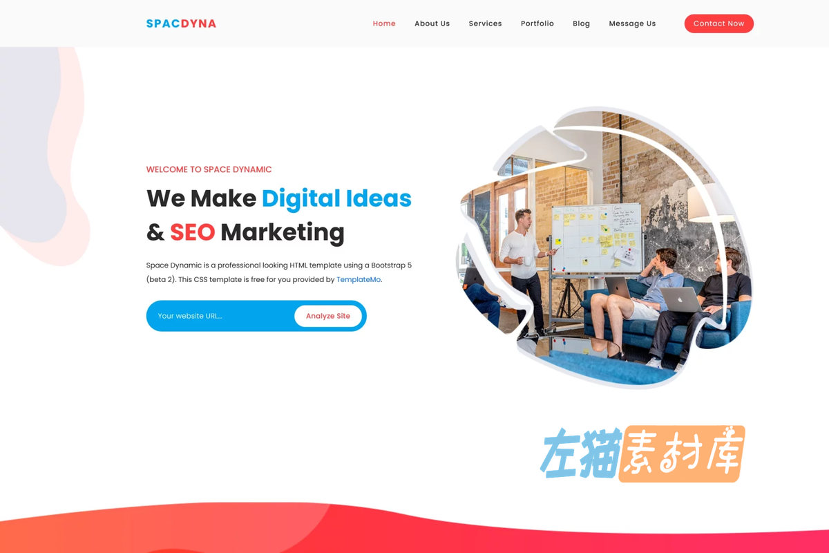 Space Dynamic 数字营销单页模板首屏,展示 SEO 服务标题、网站分析输入框与团队场景