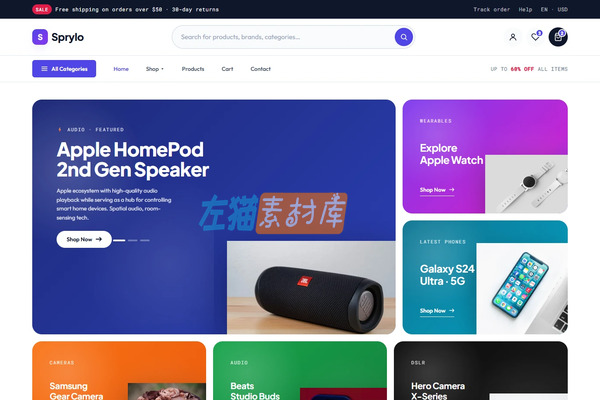 科技产品电商网站模板：5 页响应式 HTML 商城前端 – Sprylo
