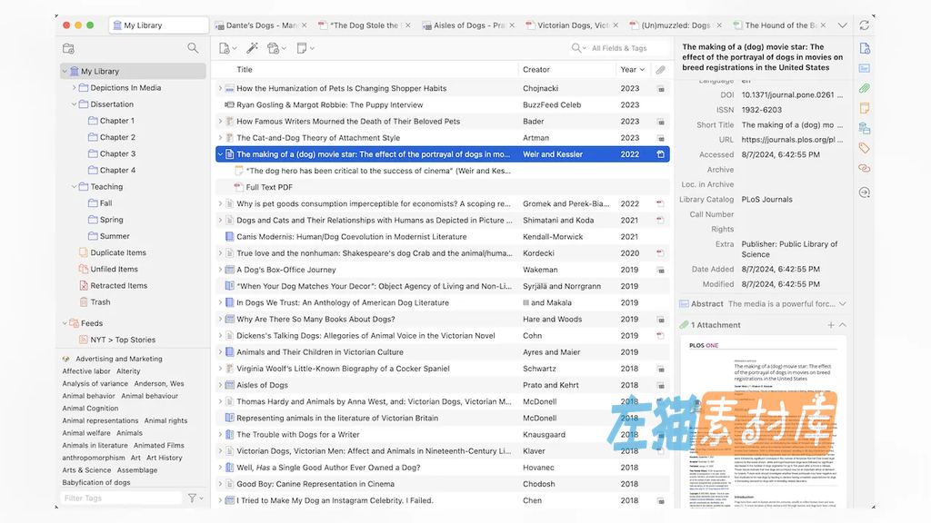 Zotero 文献库、条目详情与 PDF 附件界面
