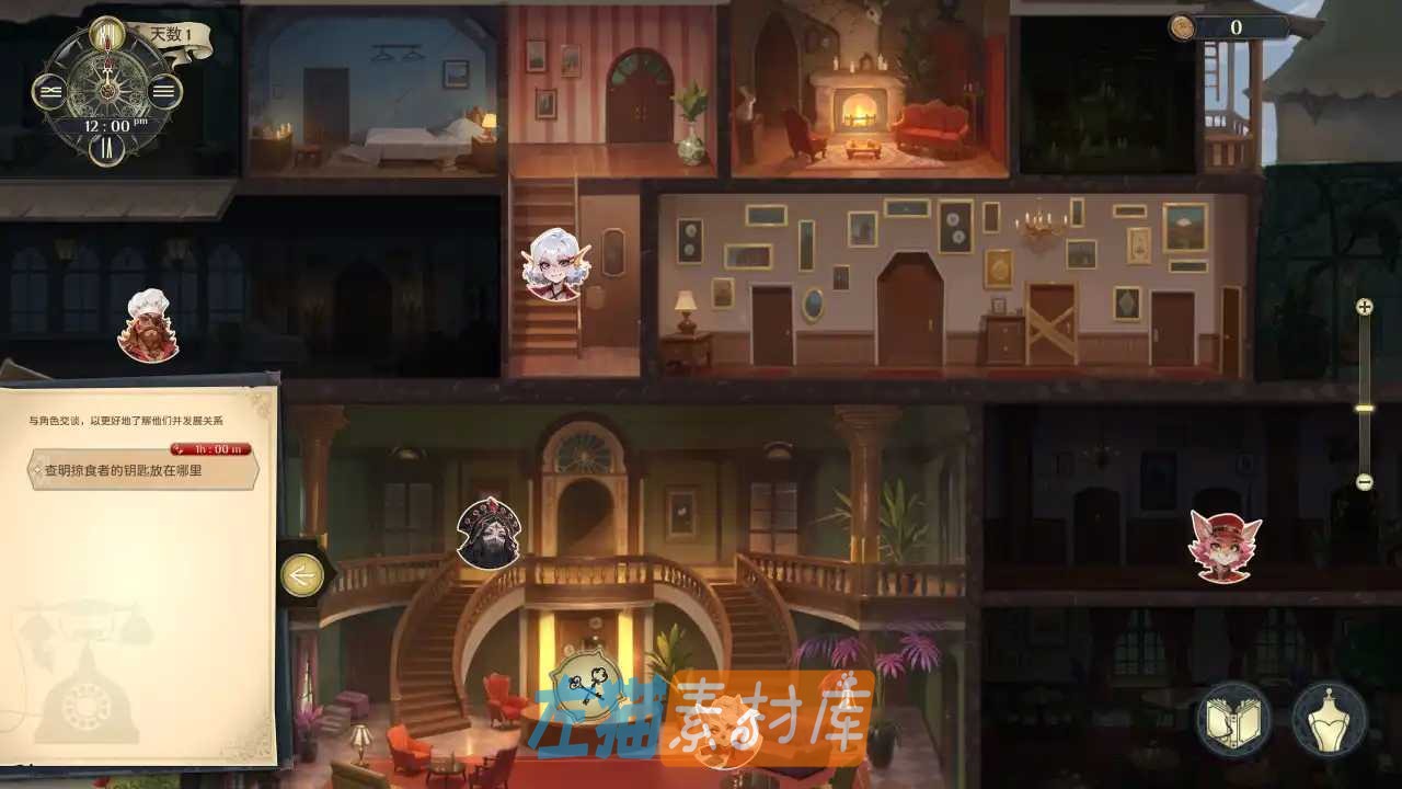 神秘酒店剖面地图，显示时间、楼层房间、人物位置与调查任务